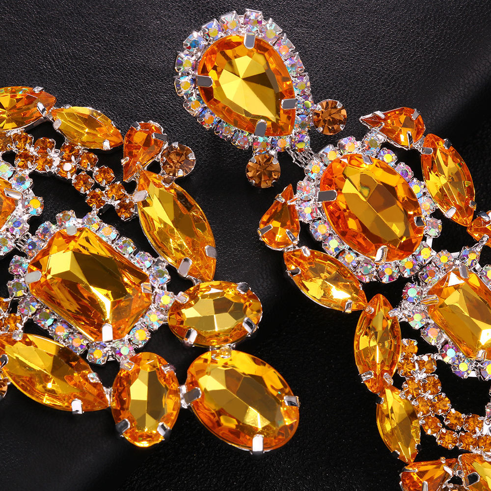 Exaggerated Rhombus Gold Earrings For Women, Electroplated Alloy With Rhinestone Inlay