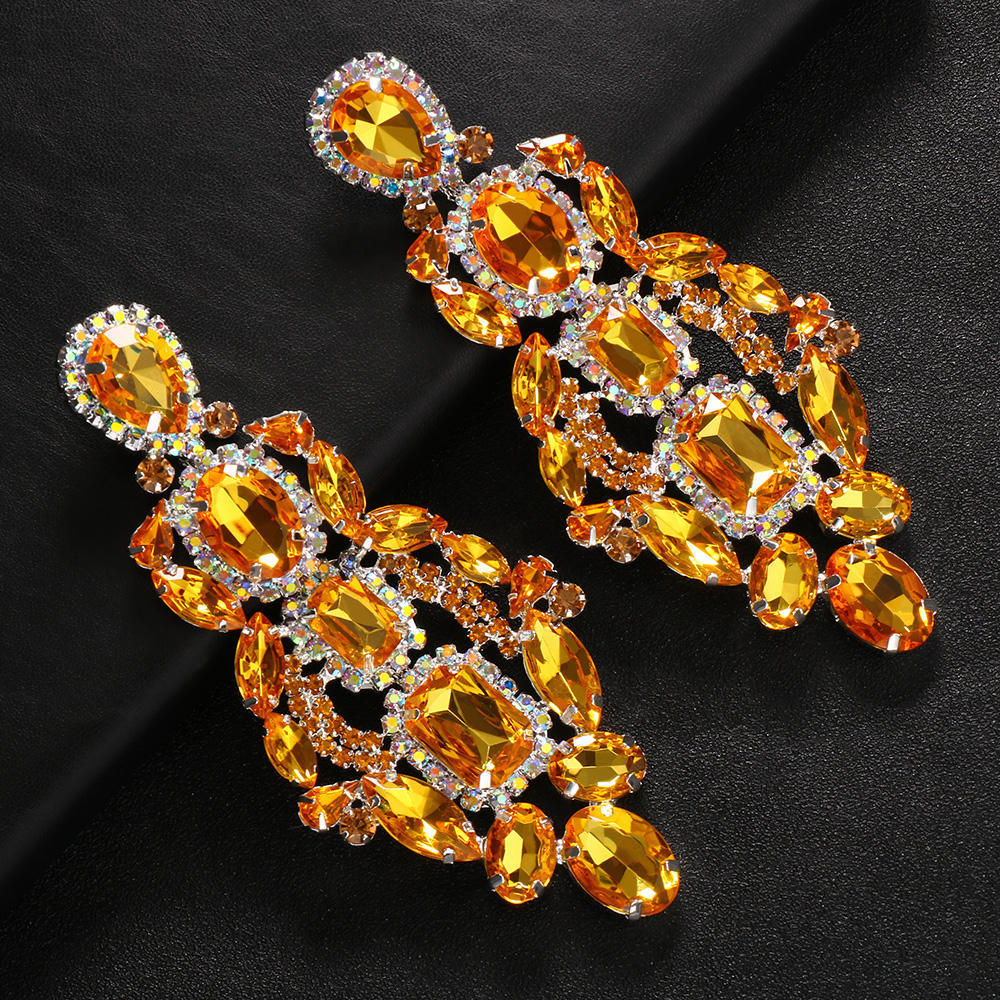 Exaggerated Rhombus Gold Earrings For Women, Electroplated Alloy With Rhinestone Inlay