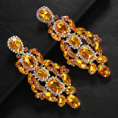 Exaggerated Rhombus Gold Earrings For Women, Electroplated Alloy With Rhinestone Inlay