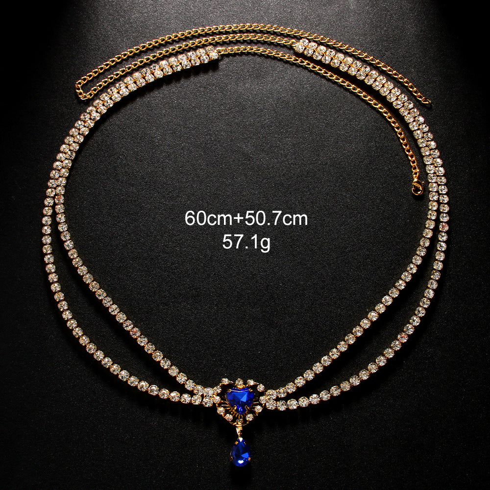Elaborate Silver Alloy Waist Chain For Women With Heart Shape Pattern And Electroplated Finish, Inlaid With White Crystal