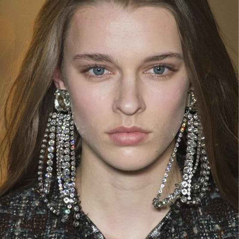 Novelty Gold Tassel Drop Earrings For Women Featuring Metal Craft With Rhinestone Inlay