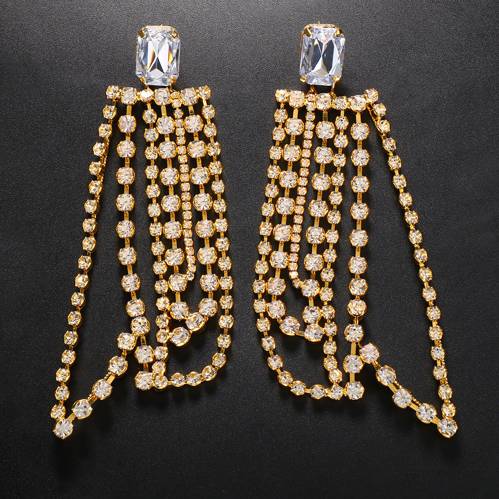 Novelty Gold Tassel Drop Earrings For Women Featuring Metal Craft With Rhinestone Inlay