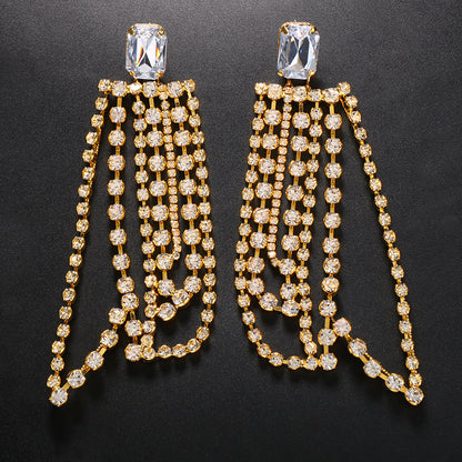 Novelty Gold Tassel Drop Earrings For Women Featuring Metal Craft With Rhinestone Inlay