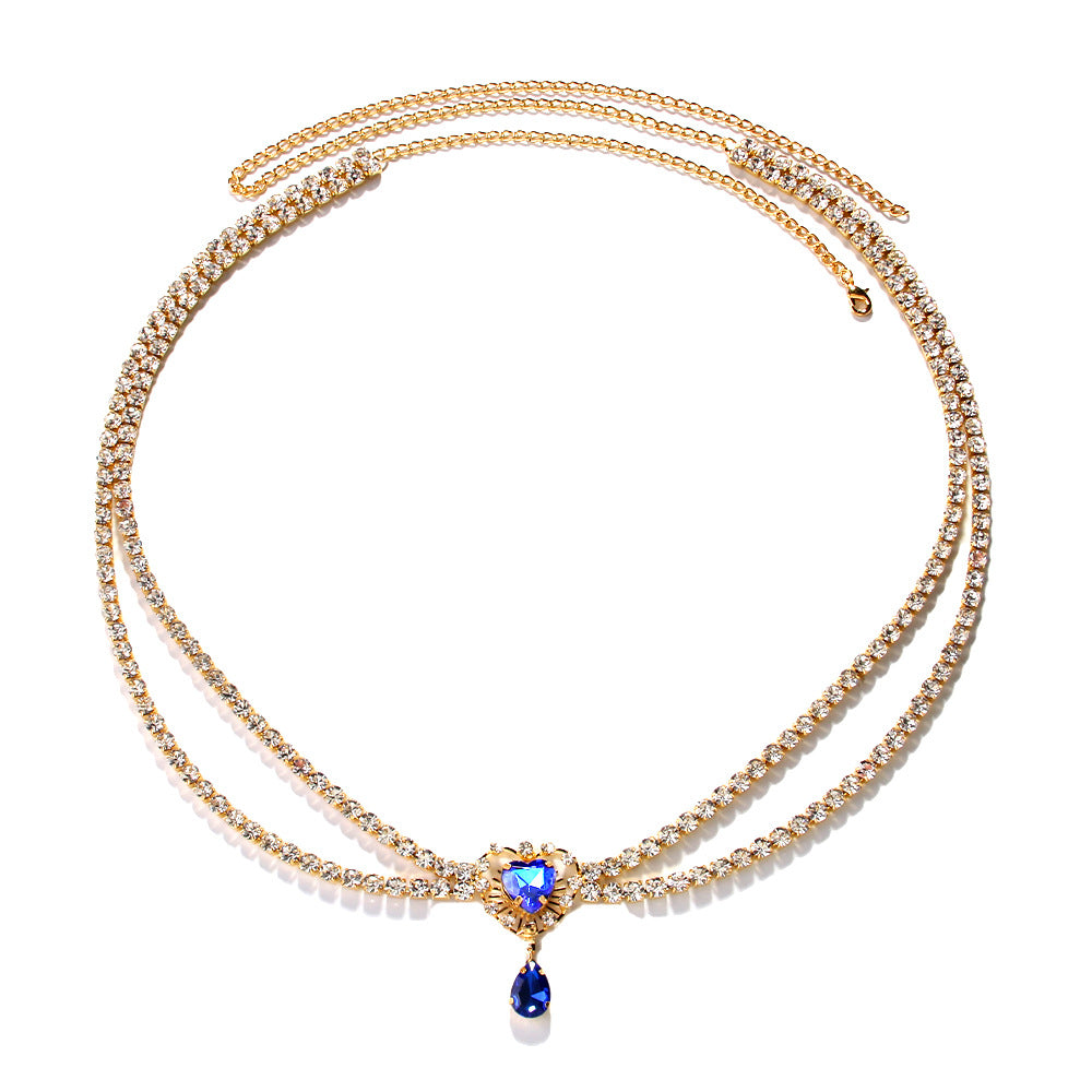Elaborate Silver Alloy Waist Chain For Women With Heart Shape Pattern And Electroplated Finish, Inlaid With White Crystal