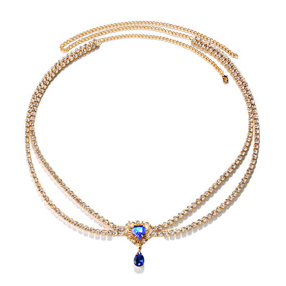 Elaborate Silver Alloy Waist Chain For Women With Heart Shape Pattern And Electroplated Finish, Inlaid With White Crystal