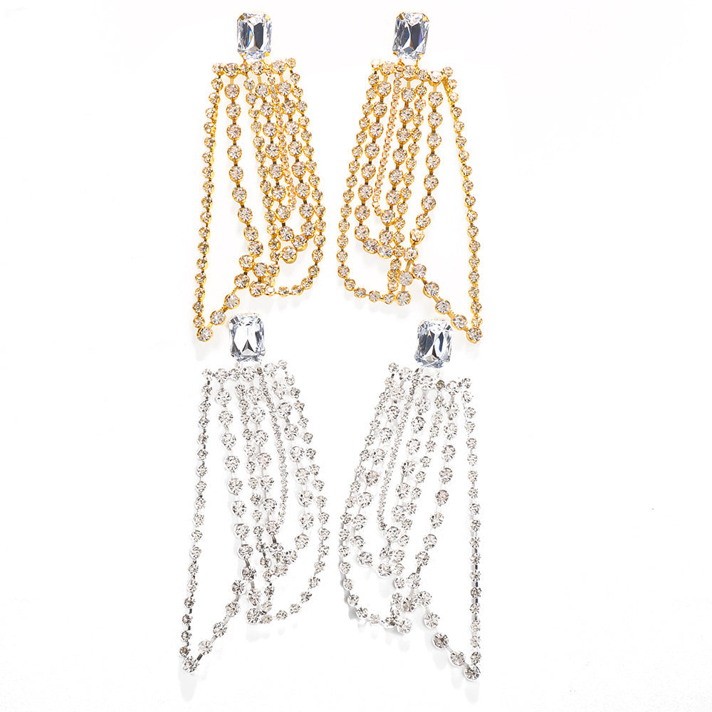 Novelty Gold Tassel Drop Earrings For Women Featuring Metal Craft With Rhinestone Inlay