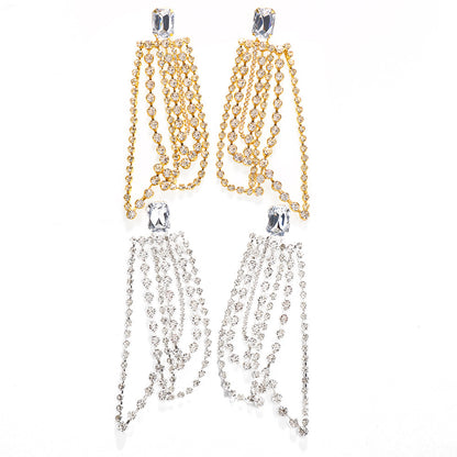 Novelty Gold Tassel Drop Earrings For Women Featuring Metal Craft With Rhinestone Inlay