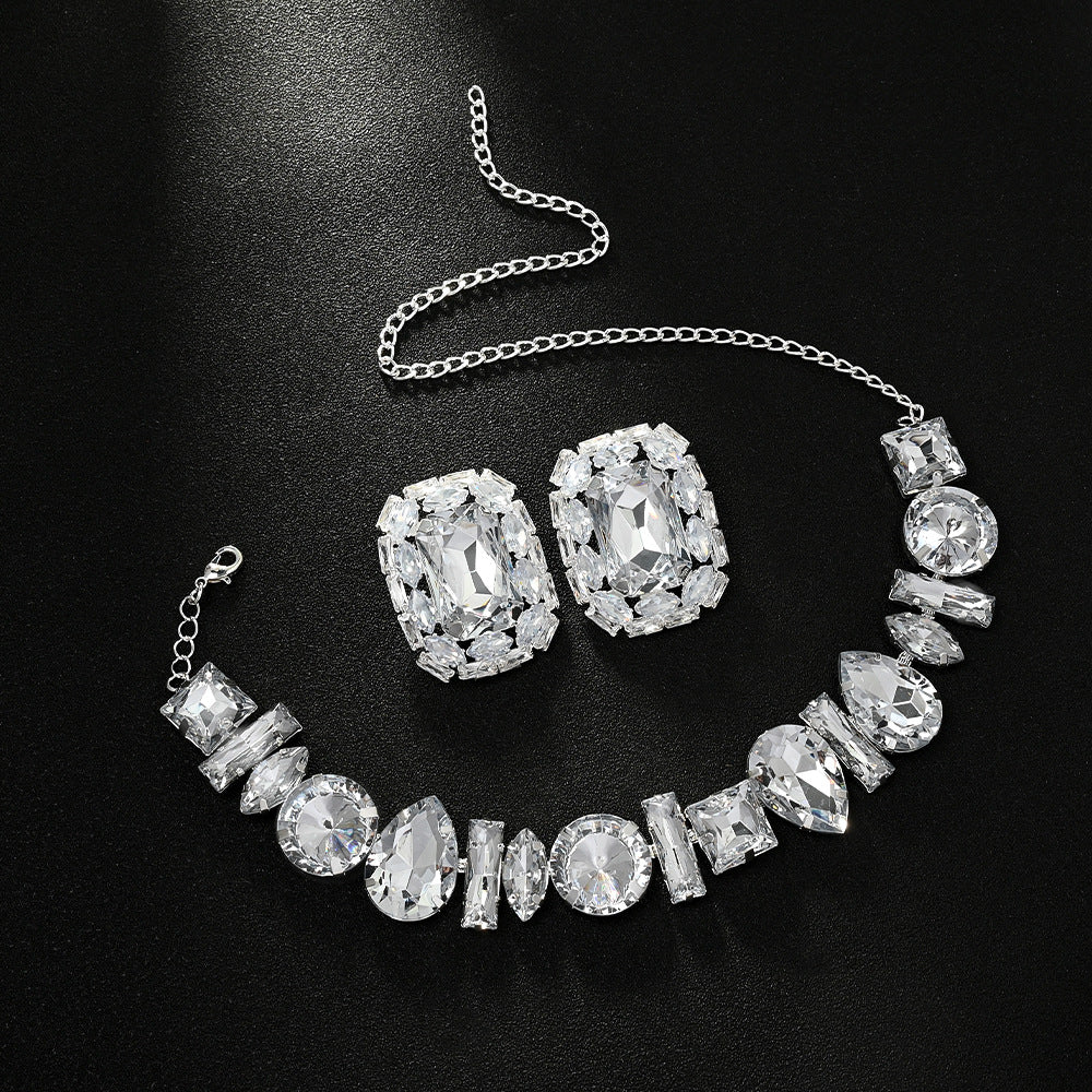Geometric Silver Alloy Necklace With Electroplated Finish And Rhinestone Pendant For Women