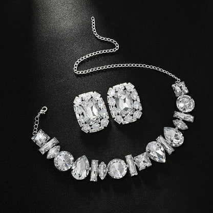 Geometric Silver Alloy Necklace With Electroplated Finish And Rhinestone Pendant For Women