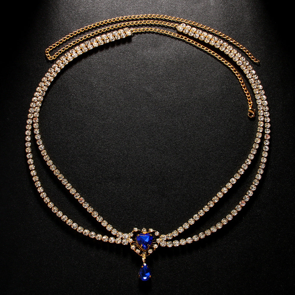 Elaborate Silver Alloy Waist Chain For Women With Heart Shape Pattern And Electroplated Finish, Inlaid With White Crystal