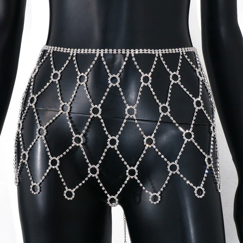 Gold Alloy Body Chain For Women With Round Rhinestone Inlay, Elegant Waist Accessory