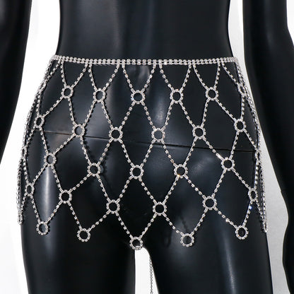 Gold Alloy Body Chain For Women With Round Rhinestone Inlay, Elegant Waist Accessory
