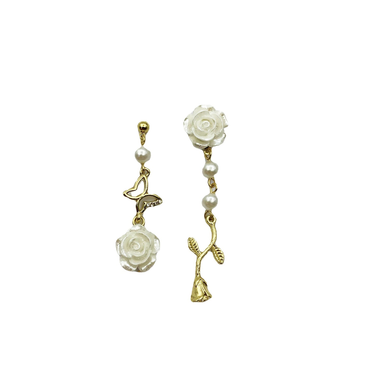Sweet Asymmetrical Rose Stud Earrings In Silver Alloy With Artificial Pearl Inlay, Featuring Electroplated Craft