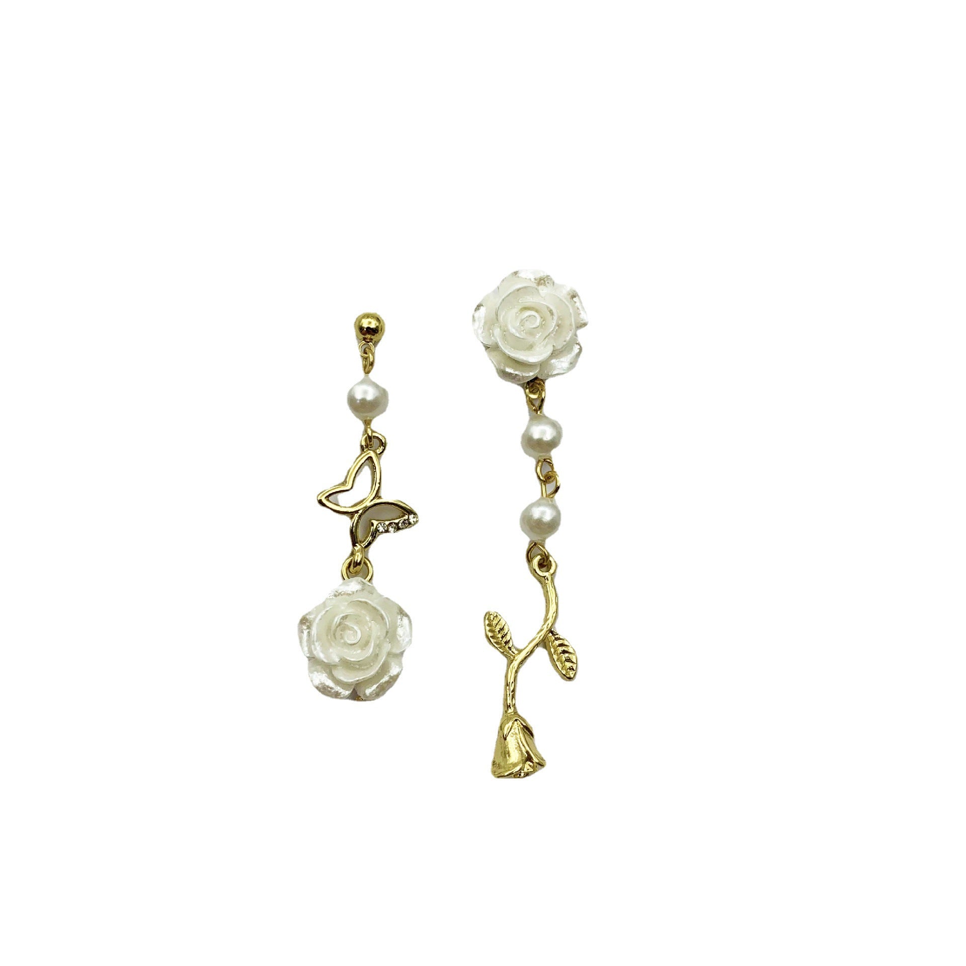 Sweet Asymmetrical Rose Stud Earrings In Silver Alloy With Artificial Pearl Inlay, Featuring Electroplated Craft
