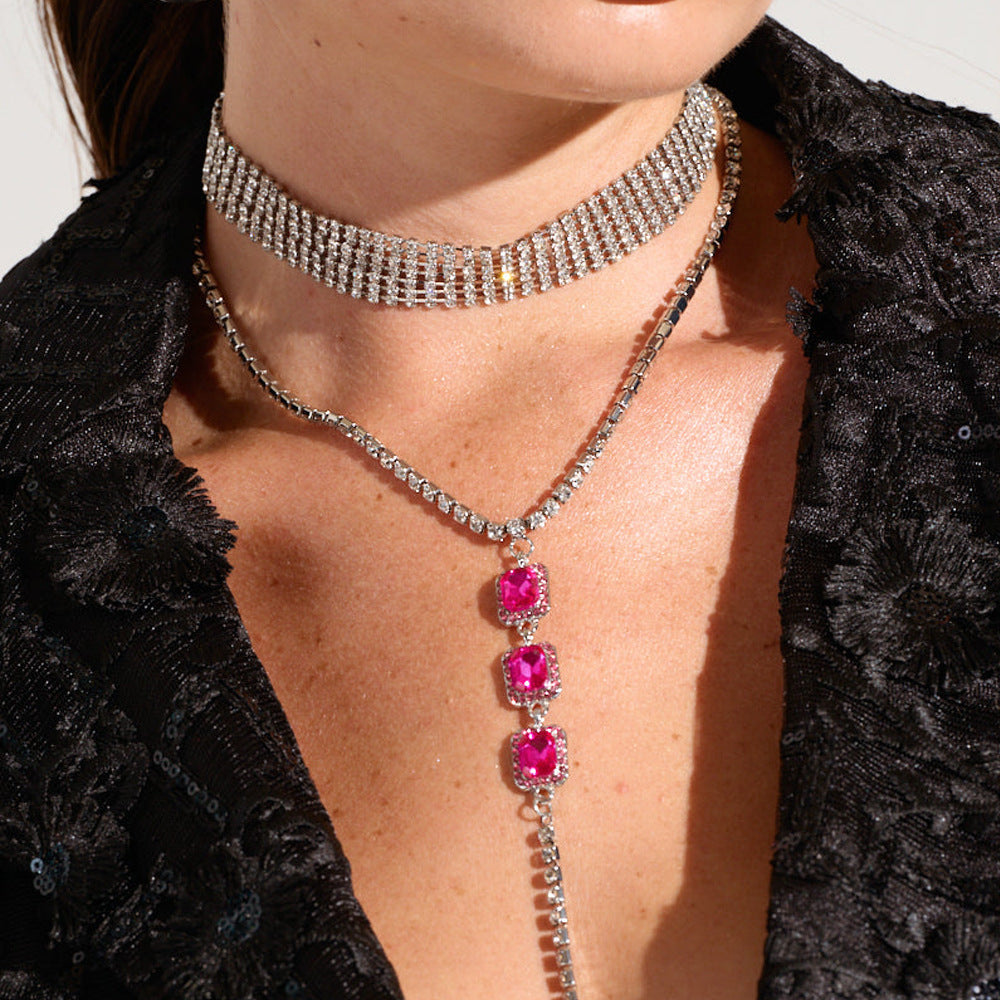 Silver Double Layer Tassel Necklace For Women With Electroplated Alloy And Rhinestone Pendant
