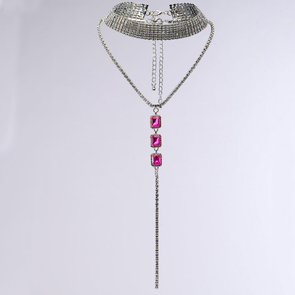Silver Double Layer Tassel Necklace For Women With Electroplated Alloy And Rhinestone Pendant