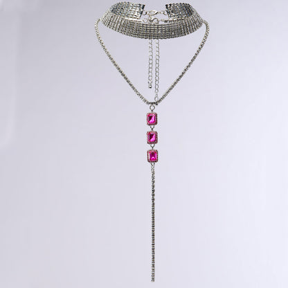 Silver Double Layer Tassel Necklace For Women With Electroplated Alloy And Rhinestone Pendant
