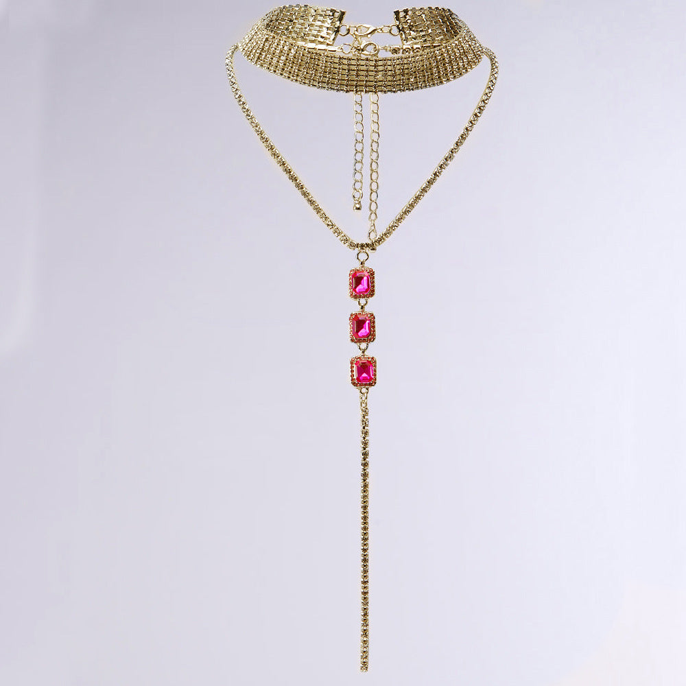 Silver Double Layer Tassel Necklace For Women With Electroplated Alloy And Rhinestone Pendant