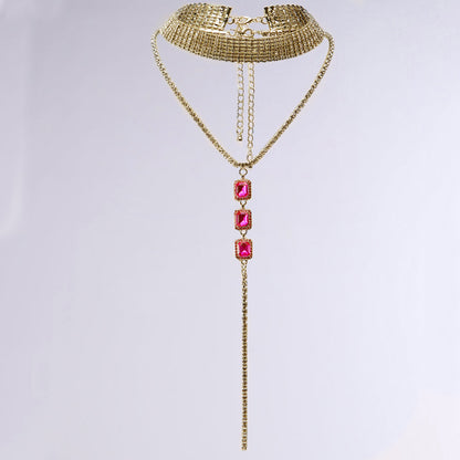 Silver Double Layer Tassel Necklace For Women With Electroplated Alloy And Rhinestone Pendant