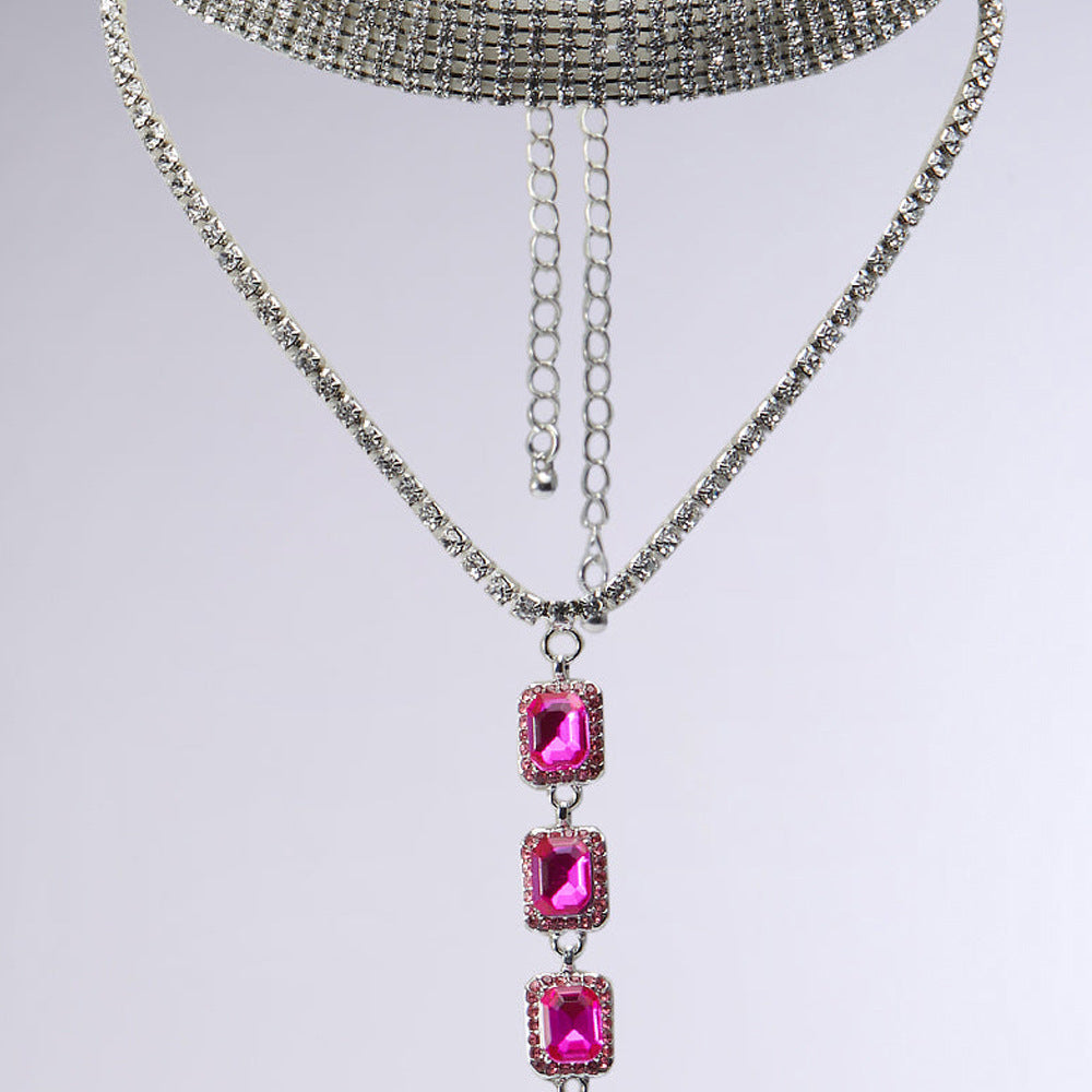 Silver Double Layer Tassel Necklace For Women With Electroplated Alloy And Rhinestone Pendant