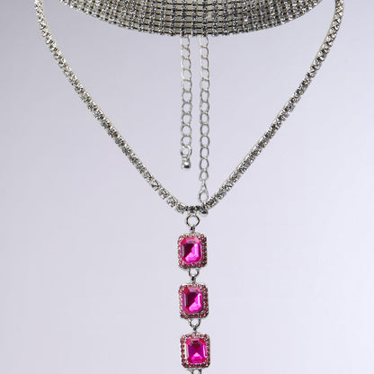 Silver Double Layer Tassel Necklace For Women With Electroplated Alloy And Rhinestone Pendant