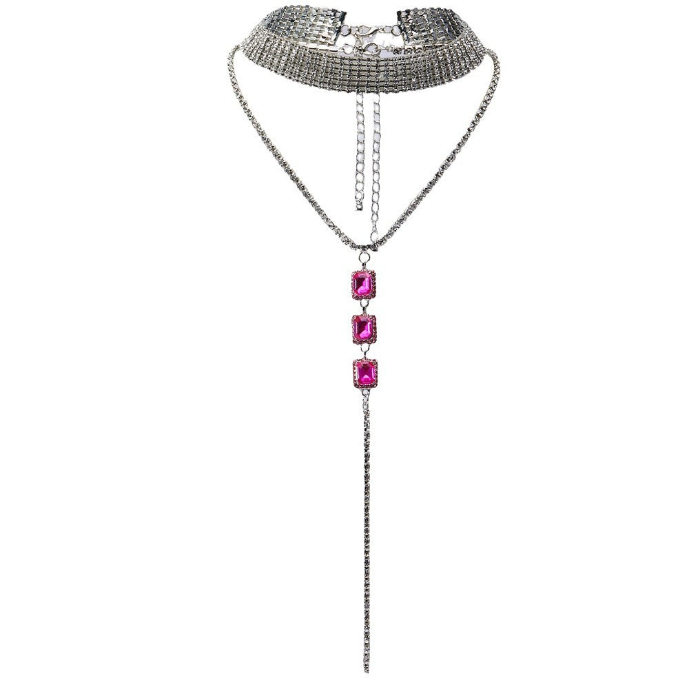 Silver Double Layer Tassel Necklace For Women With Electroplated Alloy And Rhinestone Pendant