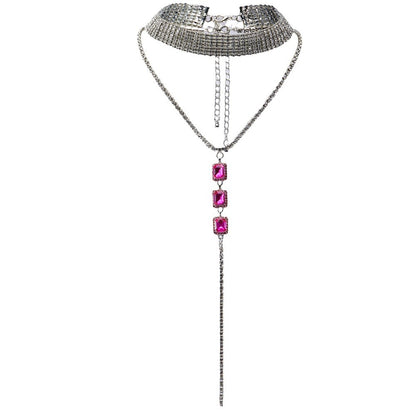 Silver Double Layer Tassel Necklace For Women With Electroplated Alloy And Rhinestone Pendant