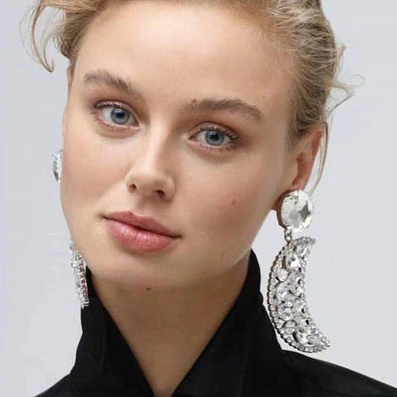 Silver Moon Earrings For Women, Electroplated Alloy With Rhinestones, Elegant And Stylish Jewelry