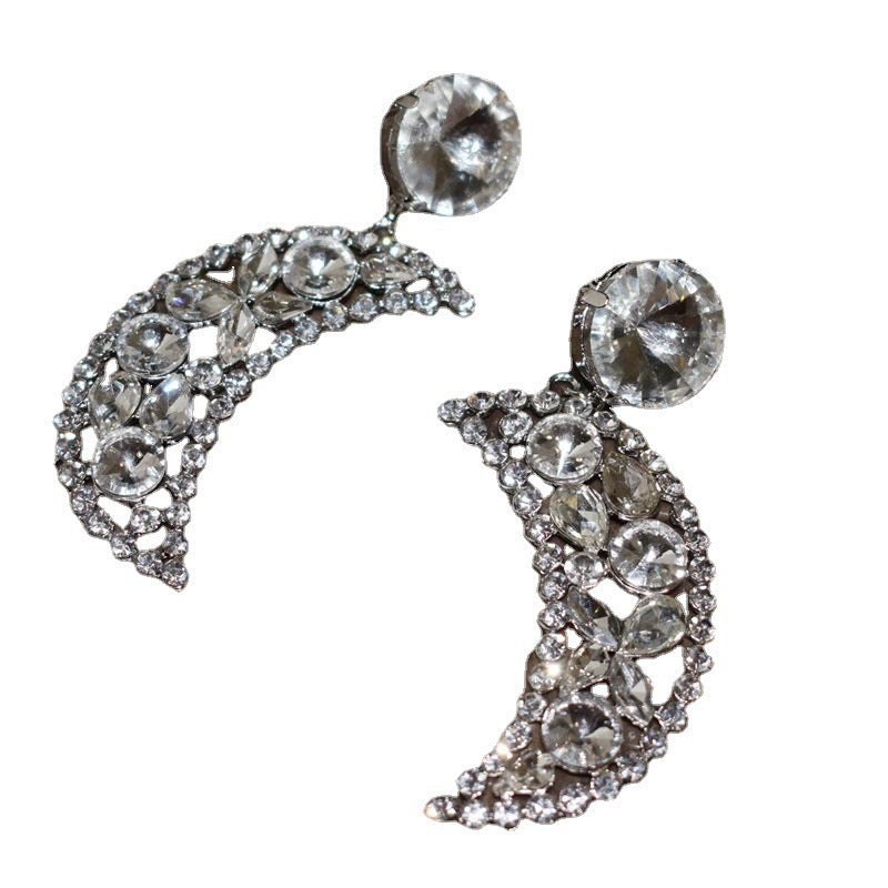 Silver Moon Earrings For Women, Electroplated Alloy With Rhinestones, Elegant And Stylish Jewelry