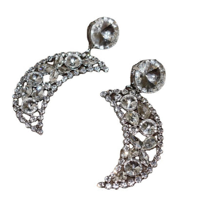 Silver Moon Earrings For Women, Electroplated Alloy With Rhinestones, Elegant And Stylish Jewelry