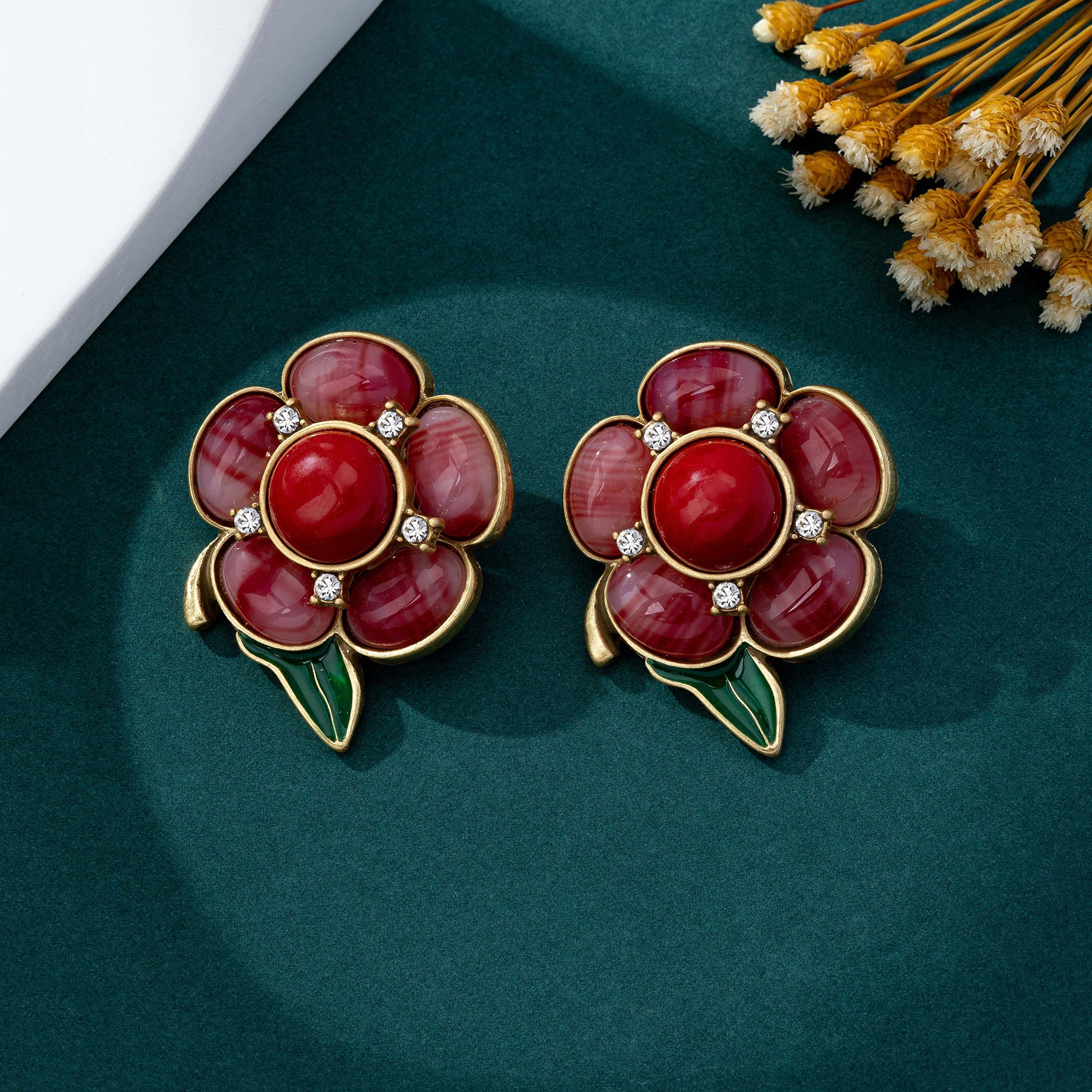Natural Pink Flowers Stud Earrings For Unisex Featuring Electroplated Zinc Alloy With 925 Sterling Silver Ear Pins