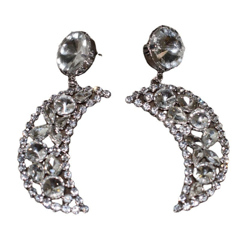 Silver Moon Earrings For Women, Electroplated Alloy With Rhinestones, Elegant And Stylish Jewelry