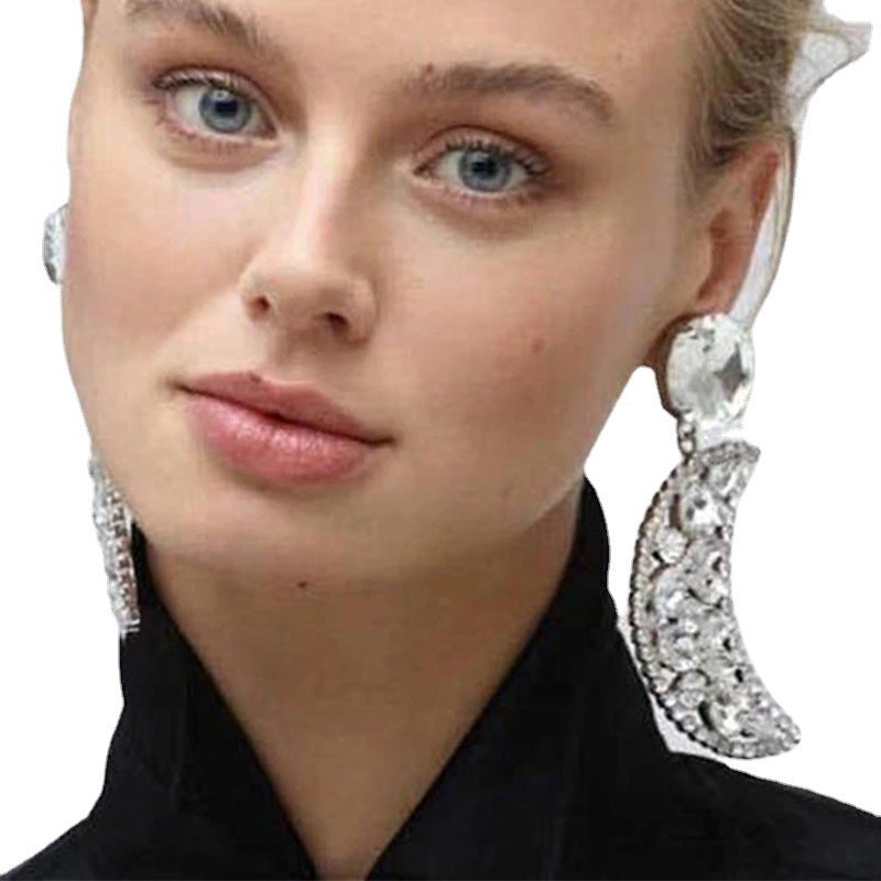 Silver Moon Earrings For Women, Electroplated Alloy With Rhinestones, Elegant And Stylish Jewelry