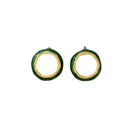 Round Enamel Stud Earrings For Unisex Featuring Cat's Eye Stone In Zinc Alloy With 925 Sterling Silver Ear Pins