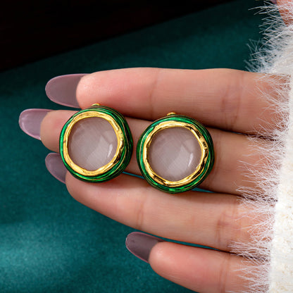 Round Enamel Stud Earrings For Unisex Featuring Cat's Eye Stone In Zinc Alloy With 925 Sterling Silver Ear Pins