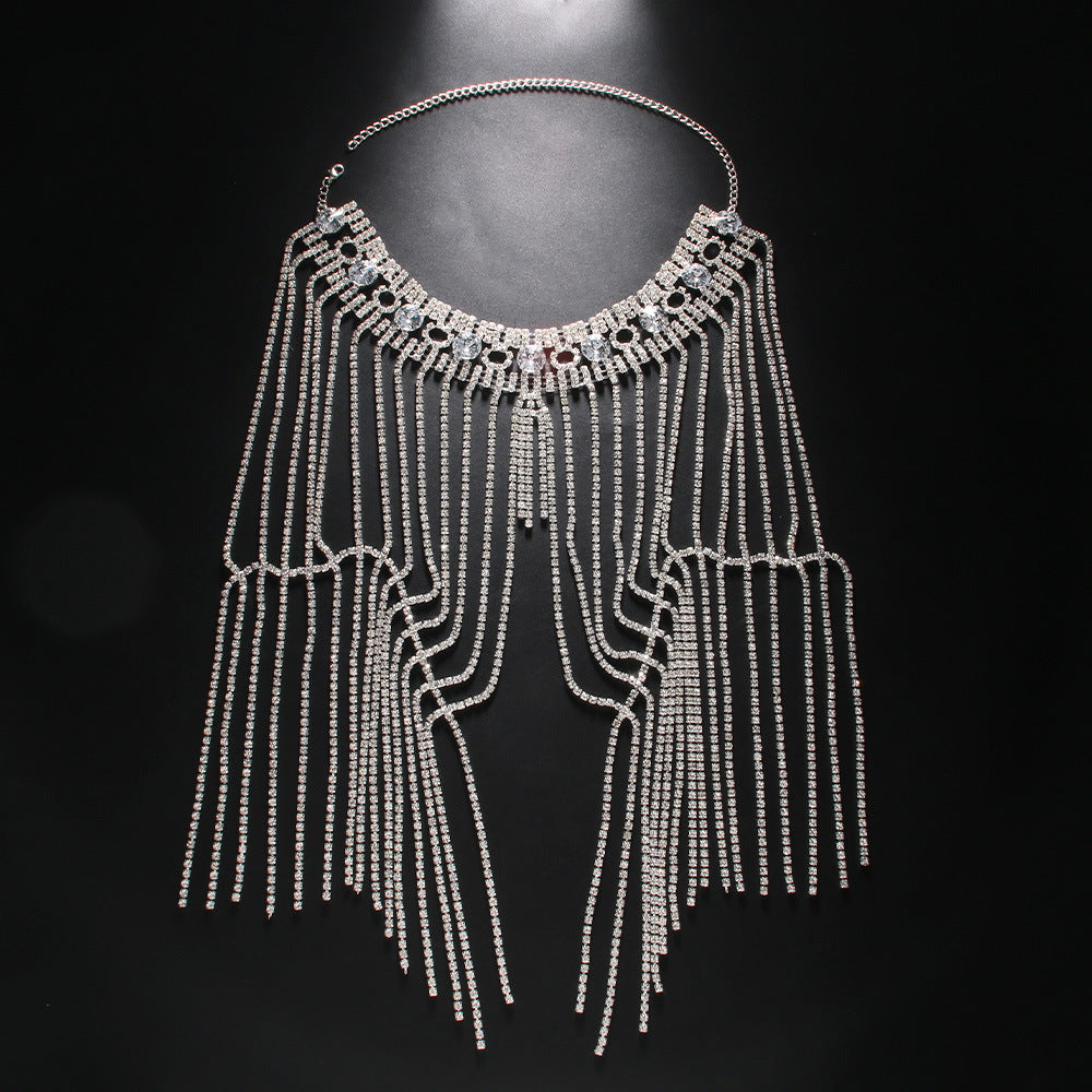 Bohemian Silver Tassel Layered Necklace For Women With Rhinestone Inlay, Alloy Craft