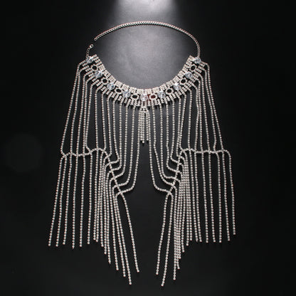 Bohemian Silver Tassel Layered Necklace For Women With Rhinestone Inlay, Alloy Craft