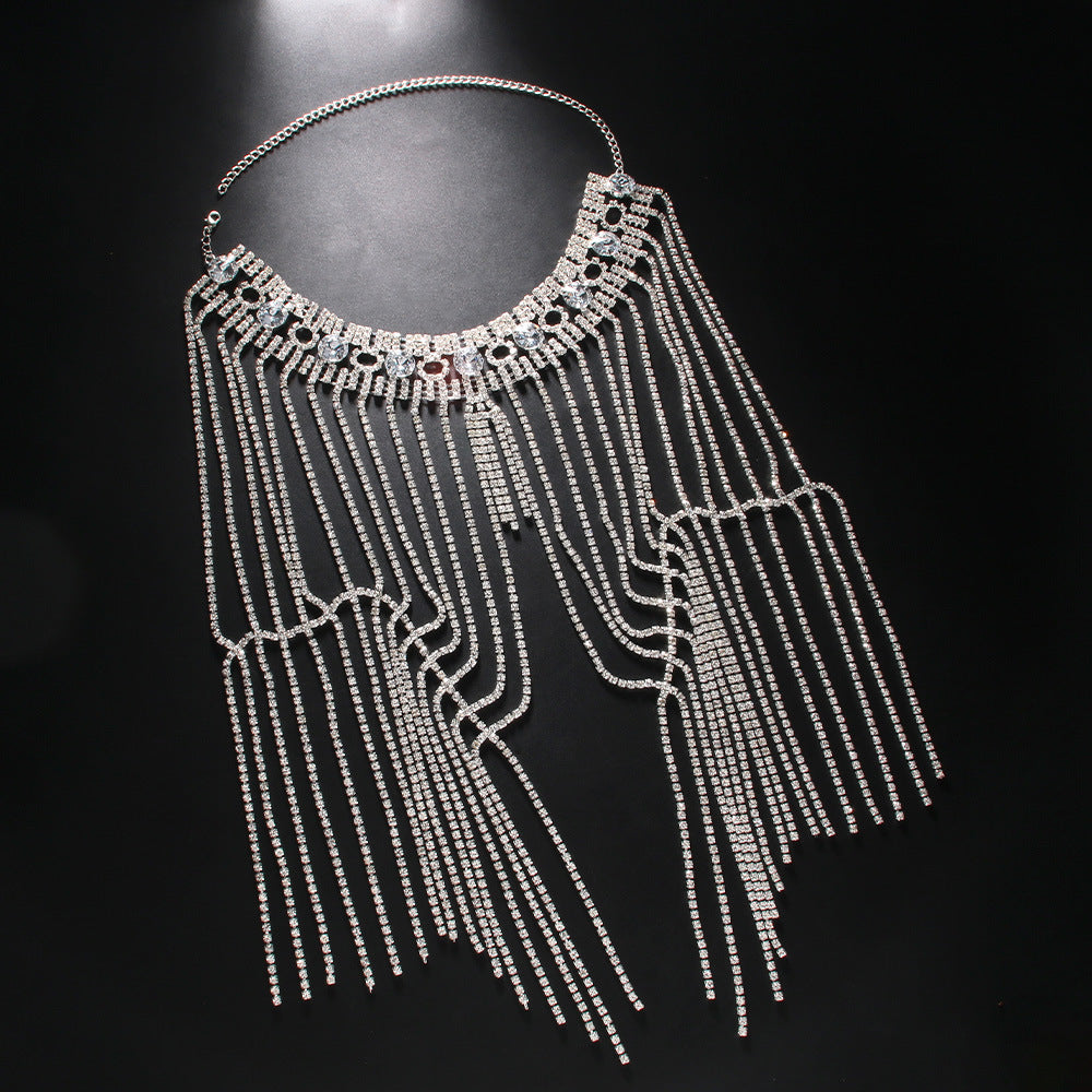 Bohemian Silver Tassel Layered Necklace For Women With Rhinestone Inlay, Alloy Craft