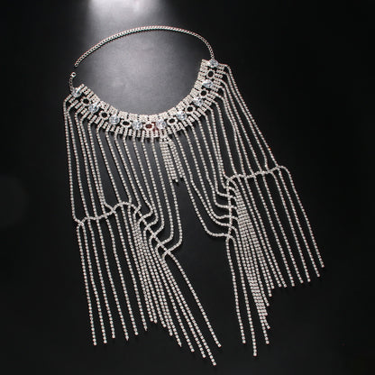 Bohemian Silver Tassel Layered Necklace For Women With Rhinestone Inlay, Alloy Craft