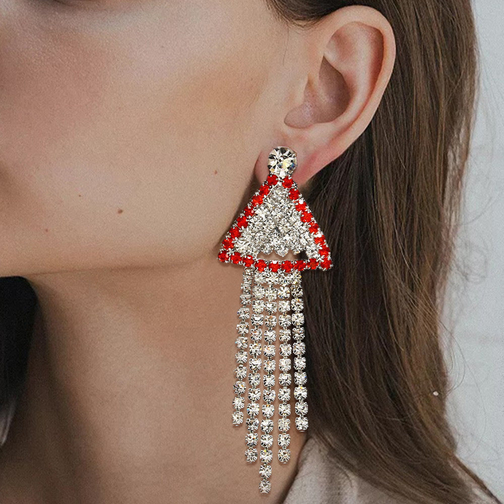 Trillion-cut Tassel Stud Earrings For Women In Silver Alloy With Rhinestones, Featuring Electroplated Finish