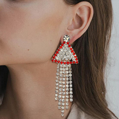 Trillion-cut Tassel Stud Earrings For Women In Silver Alloy With Rhinestones, Featuring Electroplated Finish