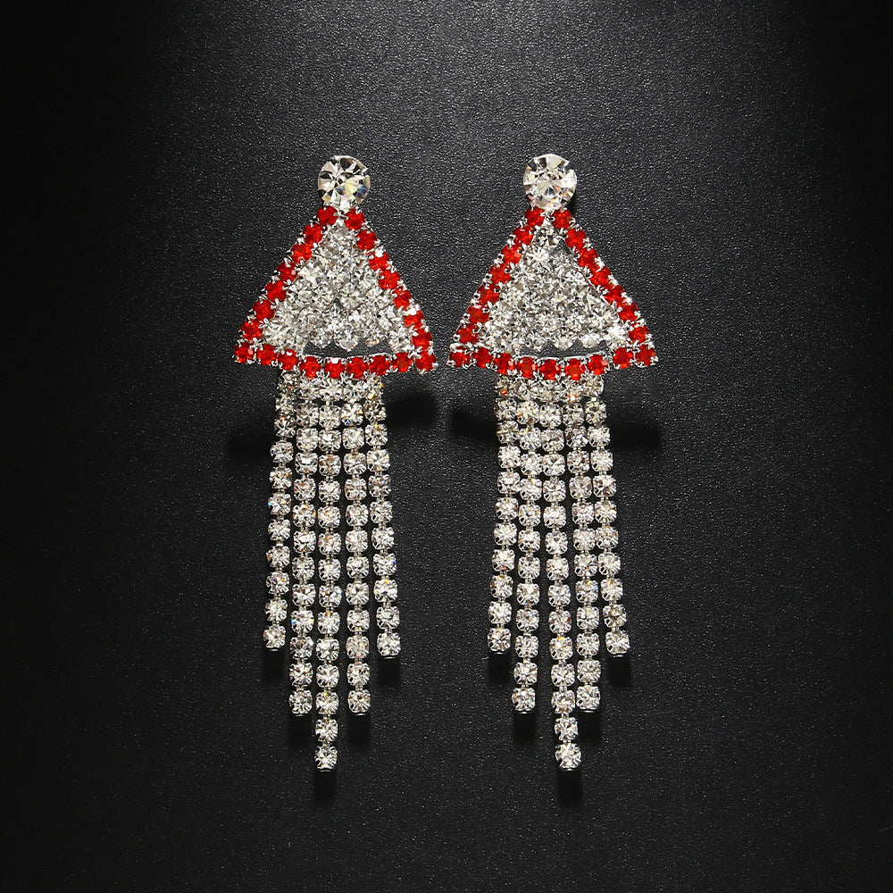 Trillion-cut Tassel Stud Earrings For Women In Silver Alloy With Rhinestones, Featuring Electroplated Finish