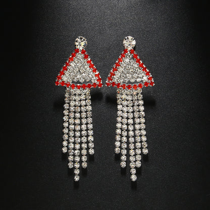 Trillion-cut Tassel Stud Earrings For Women In Silver Alloy With Rhinestones, Featuring Electroplated Finish