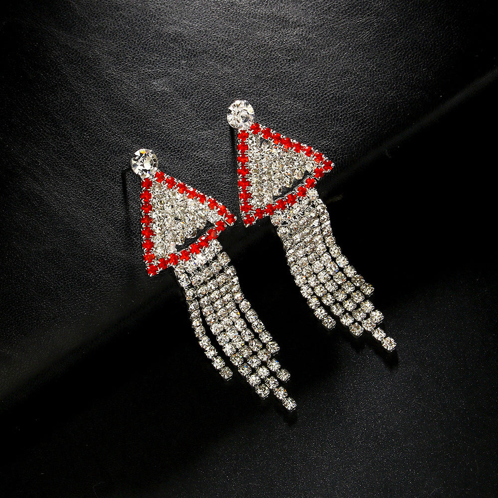 Trillion-cut Tassel Stud Earrings For Women In Silver Alloy With Rhinestones, Featuring Electroplated Finish
