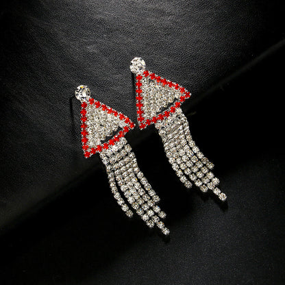 Trillion-cut Tassel Stud Earrings For Women In Silver Alloy With Rhinestones, Featuring Electroplated Finish