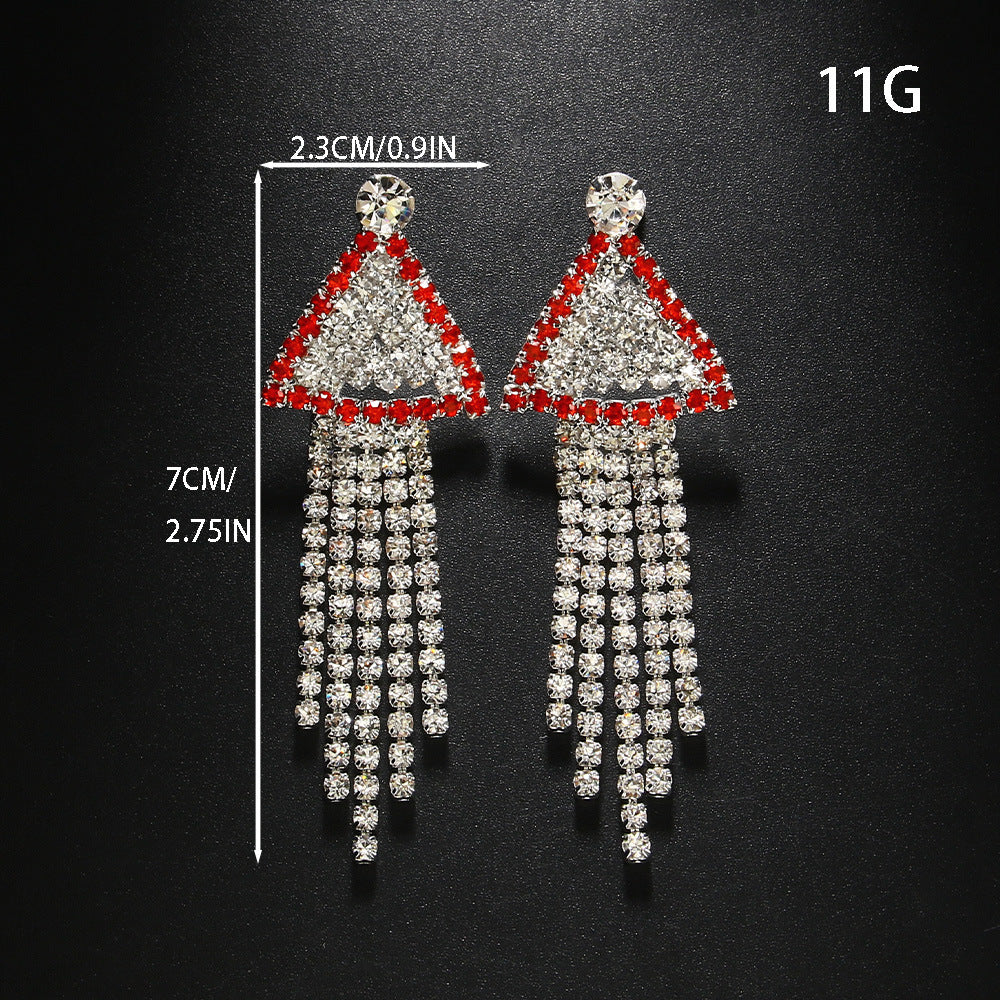 Trillion-cut Tassel Stud Earrings For Women In Silver Alloy With Rhinestones, Featuring Electroplated Finish