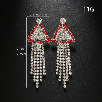 Trillion-cut Tassel Stud Earrings For Women In Silver Alloy With Rhinestones, Featuring Electroplated Finish