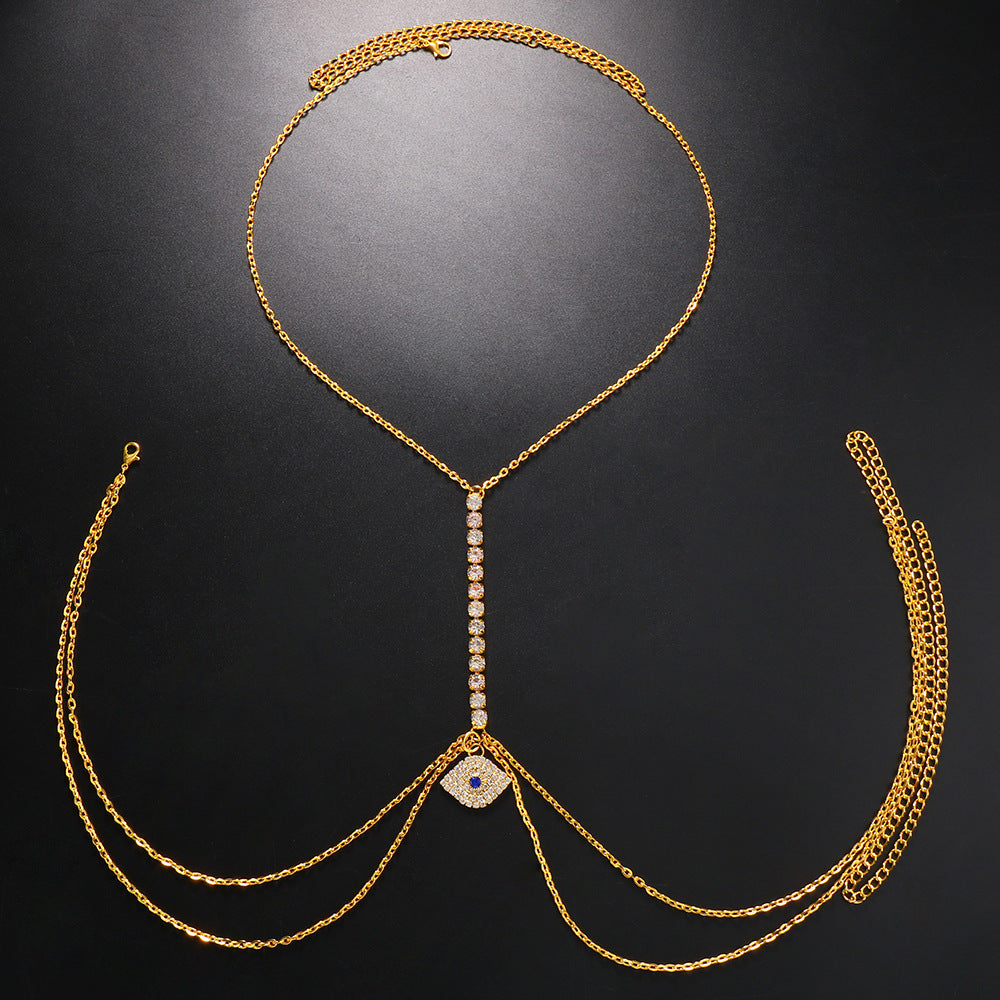 Women’s Gold Alloy Body Chain Featuring Devil's Eye Pattern With Electroplated Finish And White Crystal Inlay