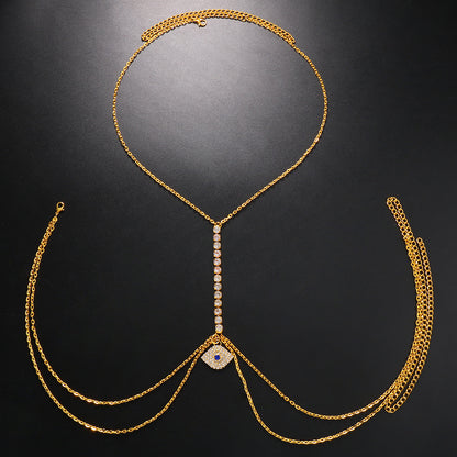 Women’s Gold Alloy Body Chain Featuring Devil's Eye Pattern With Electroplated Finish And White Crystal Inlay