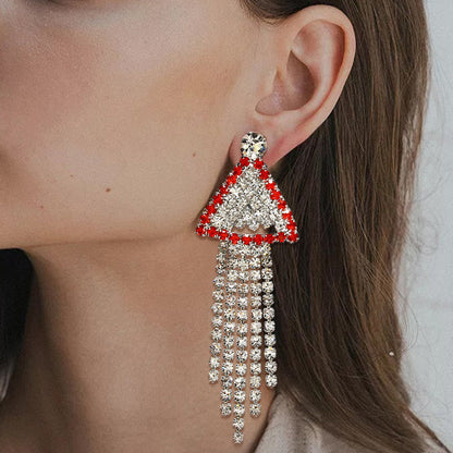 Trillion-cut Tassel Stud Earrings For Women In Silver Alloy With Rhinestones, Featuring Electroplated Finish